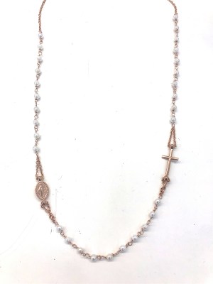 collana rosario con croce laterale e madonnina laterale con pietre bianche in argento 925 bagnato in oro rosa